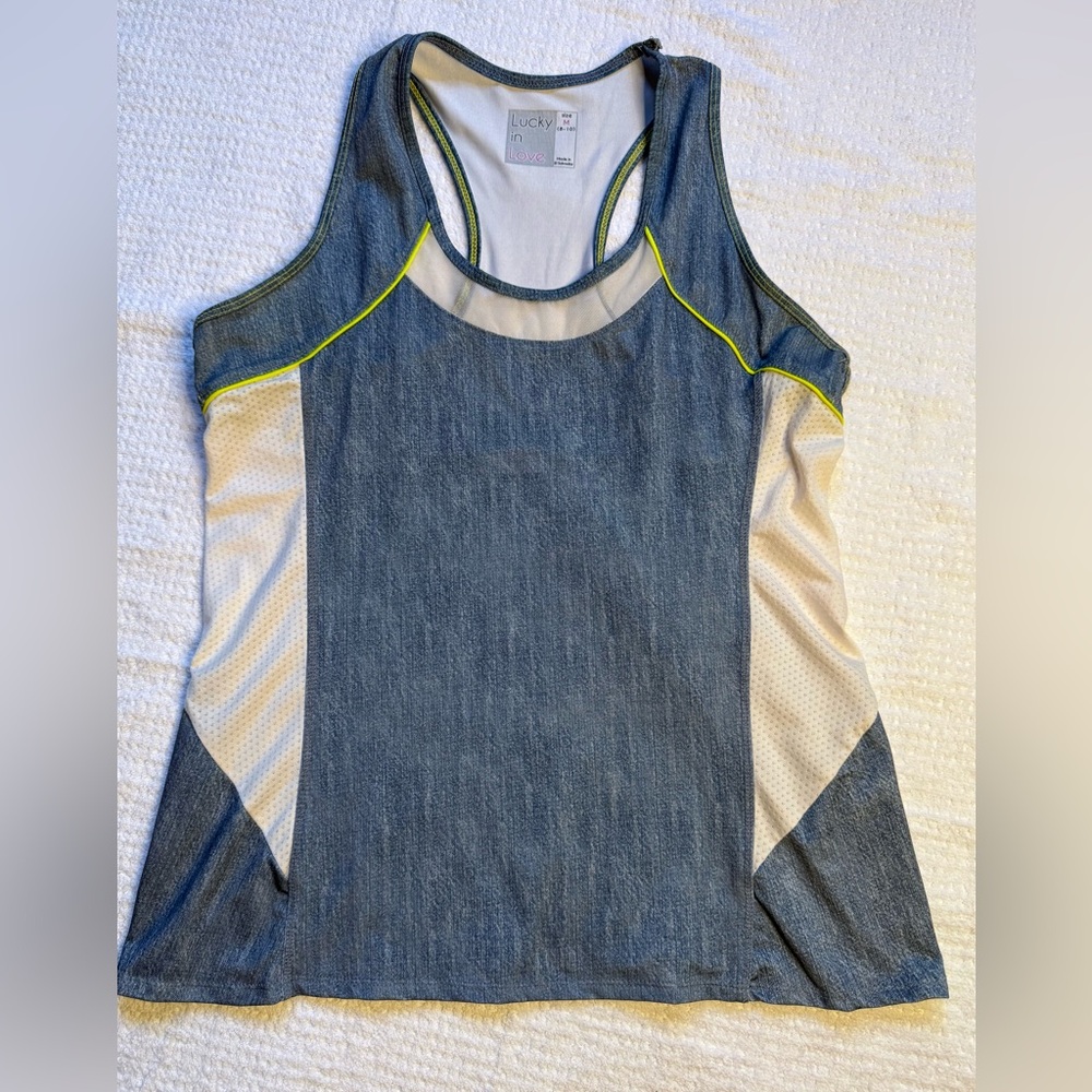 Lucky in Love Tennis Brand - Denim Blue and White Tank Top Size M